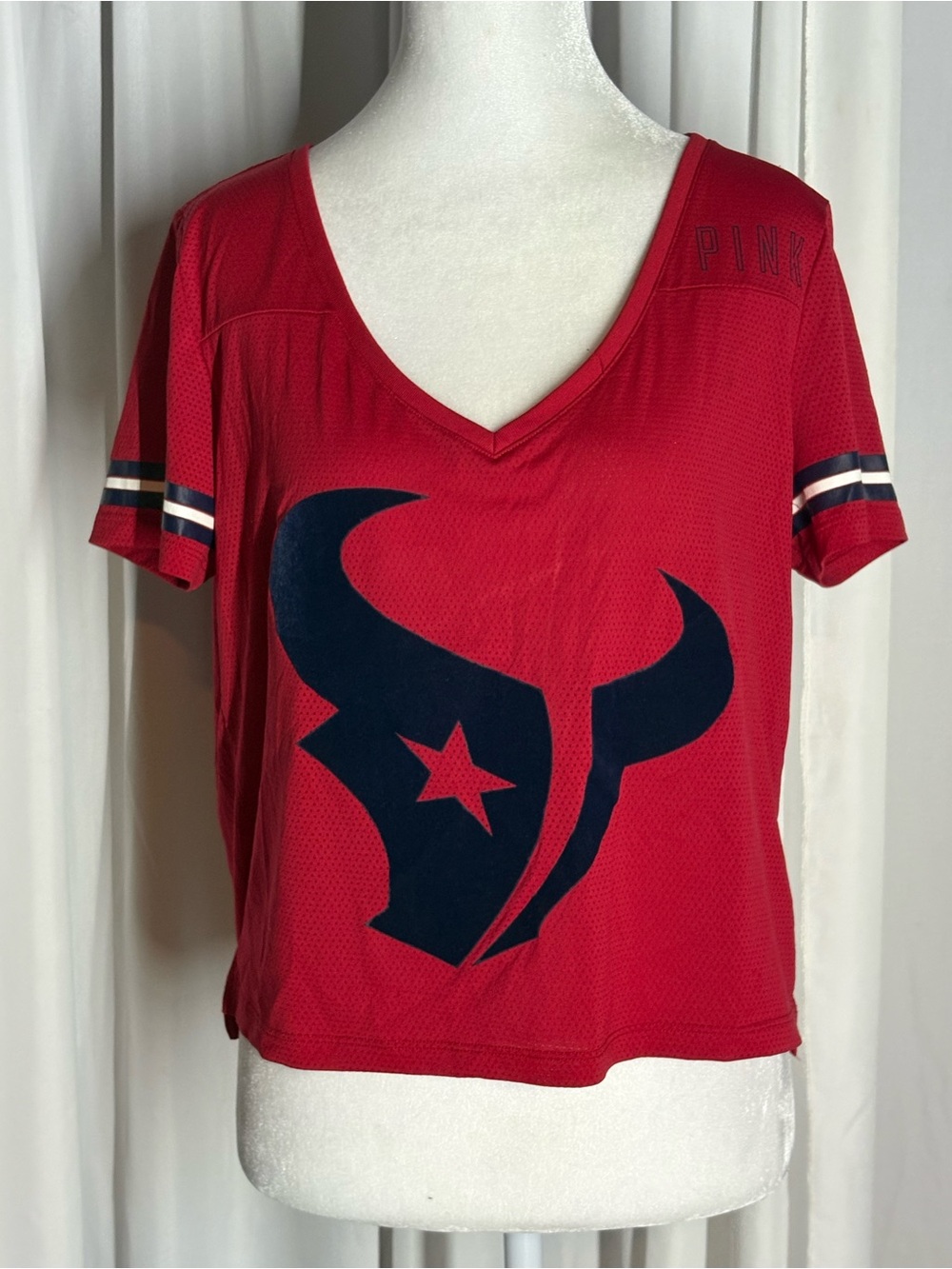 PINK Victoria's Secret Red Houston Texans V-Neck Tee with Navy Logo